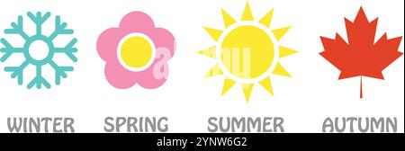 Four seasons icons, signs, symbols. Winter spring summer fall. Snowflake, leaf, sun, autumn leaf. Nature and seasons Stock Vector