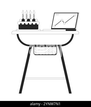 Laptop chart with party cake on table black and white 2D line object Stock Vector
