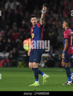 UEFA Champions League soccer match FC Barcelona vs Stade Brestois at Montjuic Olympic Stadium in Barcelona, Spain. 26th Nov, 2024. Lewandowski 900/Cordon Press Credit: CORDON PRESS/Alamy Live News Stock Photo