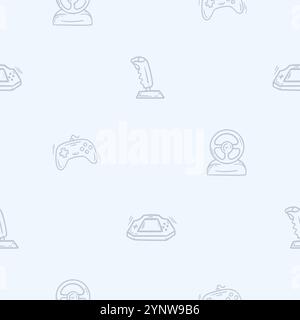 Simple black and white pattern with joysticks, steering wheel, game console. Hand drawn vector background Stock Vector