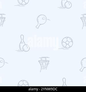 Simple black and white pattern of bowling, ping pong, soccer ball and basketball basket. Hand drawn vector background Stock Vector