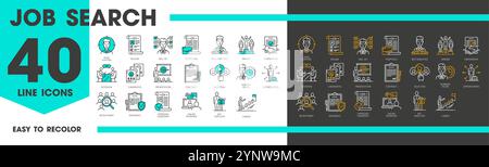 Job search line icons, recruitment and head hunting or staff education, vector pictograms. Recruitment and headhunting icons of CV resume and employee vacancy candidate interview for career ladder Stock Vector