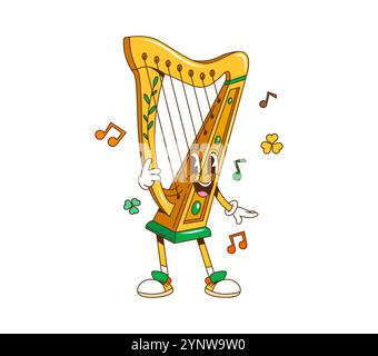 Cartoon retro groovy Irish harp character, saint Patrick day holiday personage. Isolated vector vintage musical instrument with clover leaves and notes around, playing festive music on its strings Stock Vector