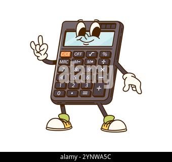Cartoon smiling electronic calculator character with pen and note paper ...