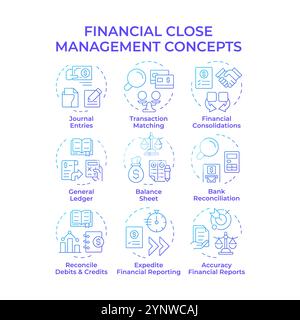 Financial close management blue gradient concept icons Stock Vector