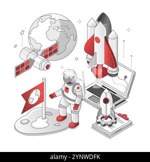 Space exploration - isometric black and red line illustration Stock Vector