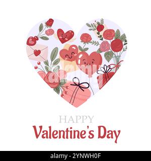 Happy Valentine's Day, card flowers, heart shape, gifts. Isolated on white background Stock Vector