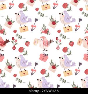 Seamless pattern, love, valentine's day. Cute birds, letter, flowers and heart. Stock Vector