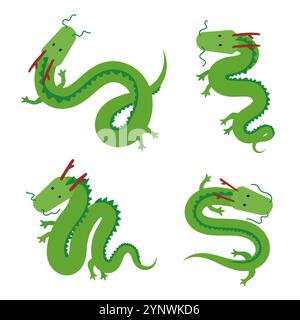 Cute Chinese green long dragons collection Stock Vector