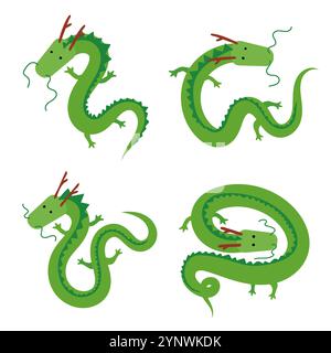 Cute Chinese green long dragons collection Stock Vector