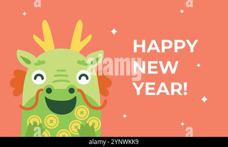 Happy new year greeting card with happy cute Chinese dragon Stock Vector