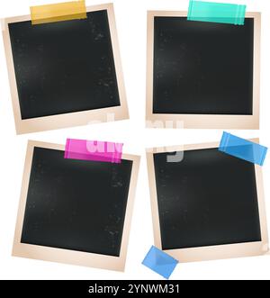 A black and white photo with a yellow tape on it. The photo is a collage of four different photos Stock Vector