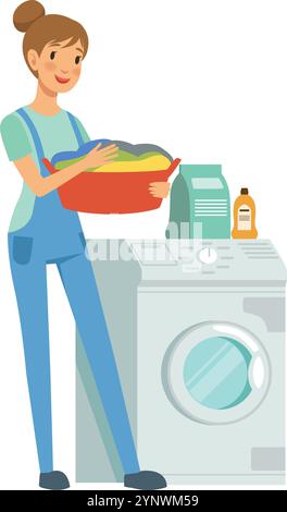 A woman is standing in front of a washing machine and dryer. She is holding a basket of clothes and she is in a happy mood Stock Vector