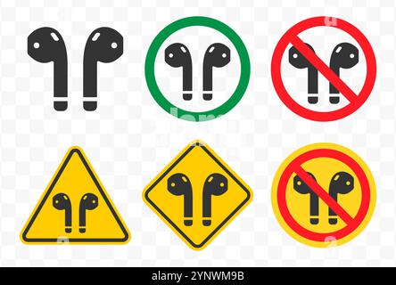 No headphones allowed icon. Earphones prohibited label. Headphones