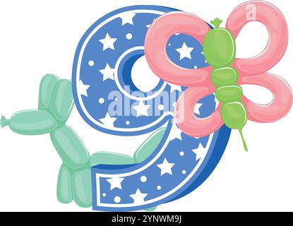 A blue and white number nine with a pink butterfly and green balloon on top Stock Vector