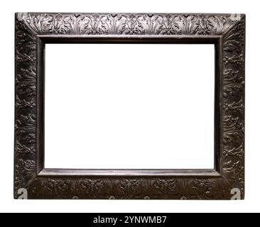 black wide carved wooden painting frame isolated on white background with cutout canvas Stock Photo