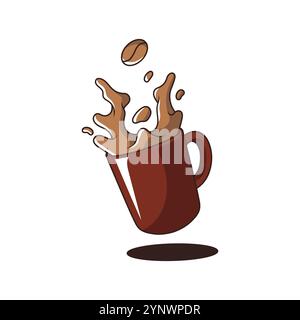 Falling red mug with a splash of coffee vector illustration. Floating of spill coffee mug in flat design elements. Stock Vector