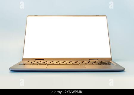 modern contemporary workspace with laptop computer, office stationery and supply on desk front view Stock Photo