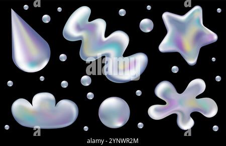 3d holographic retro 90 stickers set. Chrome naive fluid shape in Y2K style isolated on black. Future galaxy aesthetic, 3D chrome bubble art. Metal glossy sticker set. Stock Vector