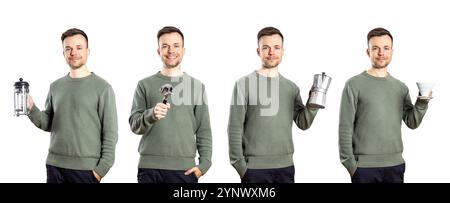 Same person with different coffee brewing equipment isolated from background Stock Photo