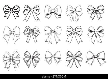 Bows hand drawn illustrations set. Rainbow ribbon multicolor gradient