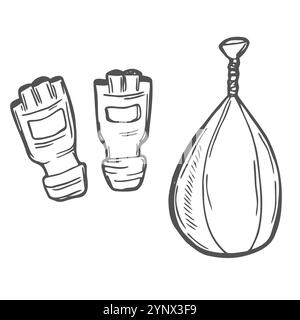 Boxing gloves punching bag graphic black white sketch isolated illustration Stock Vector