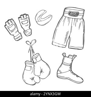 Hand drawn doodle boxing icons set Vector illustration Sketchy sport related icons boxing elements, boxing uniform, gloves, shoes, helmet, boxing ring Stock Vector