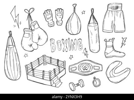 Boxing icons set. Punching bag, box glows, shorts, box bell, ring. Black and white boxi icons, hand drawn boxing elements vector stock illustration. Stock Vector