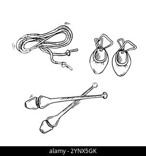 Vector doodle rhythmic gymnastics equipment set. Line art. Skipping rope, sportwear, clubs, halfshoes illustrations Stock Vector