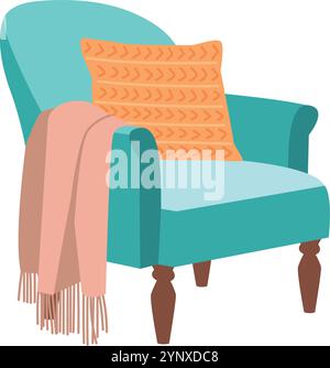 A blue chair with a blue cushion and a pink and orange blanket draped over it Stock Vector