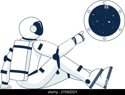 A man in a spacesuit is sitting in a chair with his hand pointing to a window Stock Vector