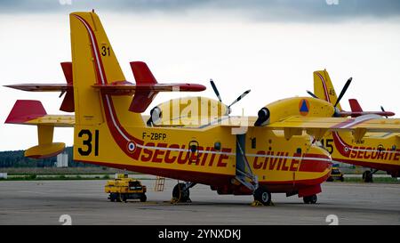 Pedro 31 and Pedro 35, Canadair CL-415 water bombers or firefighting aircraft of the French Securité Civile at their base in Nîmes Stock Photo