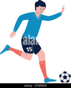 A young man in a blue shirt and black shorts kicks a soccer ball Stock Vector