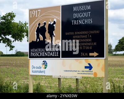 ZONNEBEKE, BELGIUM - MAY 25, 2014: Sign for WW1 Passchendaele Museum and trenches Stock Photo