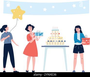 Three women are standing around a table with a cake and balloons Stock Vector