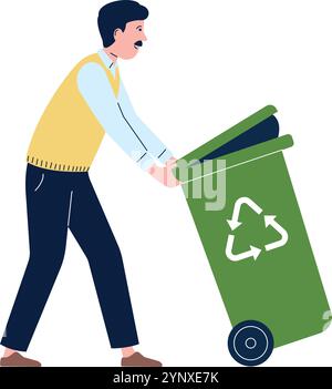 A man is holding a green trash can and pushing it Stock Vector