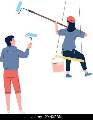 Two people painting a wall, one is on a swing Stock Vector