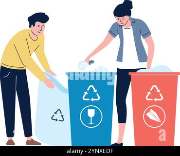 Two people are sorting trash into recycling bins Stock Vector