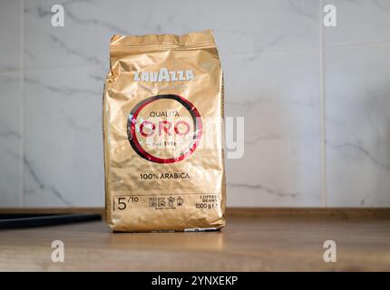 Minsk, Belarus, November 27, 2024 - Italian popular brand coffee Lavazza Oro in coffee beans in a bag Stock Photo