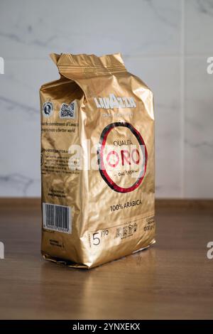 Minsk, Belarus, November 27, 2024 - Italian Lavazza brand coffee Oro in a package standing on a table Stock Photo