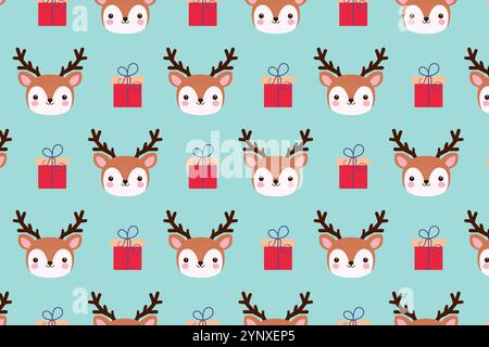 Cute Christmas pattern. Deer and gifts. Vector illustration. Stock Vector