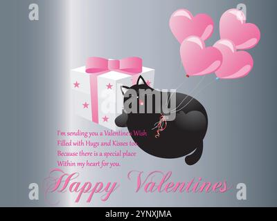Cat is holding a pink balloon and a white box. The box is decorated with pink bows. The image is titled "Happy Valentine". Highlighted with Loving Quo Stock Vector