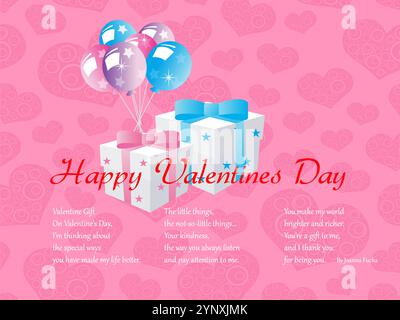 Pink background with a bunch of balloons and two white boxes with blue bows. The boxes are labeled Happy Valentine's Day. Highlighted with Loving Quot Stock Vector