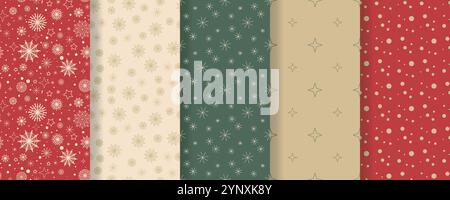 Set of winter seamless patterns for Christmas and New Year. Backgrounds of traditional colors with snowflakes. Festive cozy prints for textiles Stock Vector