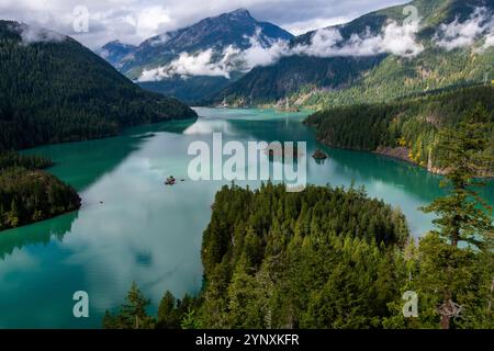 A landscape image of Diablo Lake, Ross Dam, and the Cascade mountains in the North Cascades National Park located in Washington State. Stock Photo