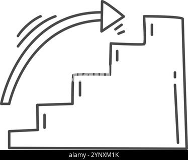 A black and white drawing of a staircase with a arrow pointing upwards Stock Vector
