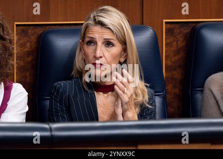 Madrid, Spain. 27th Nov, 2024. Yolanda Diaz, Spanish minister of labor and social economy and vice-president of the government of Spain, seen at the Spanish Congress of Deputies. The government control session has been called to report on the actions carried out by the Government of Spain to support the regional and local administrations in the management of the emergency caused by the Isolated Upper-level Depression of floods (DANA) between October 28 and November 4, 2024. Credit: SOPA Images Limited/Alamy Live News Stock Photo