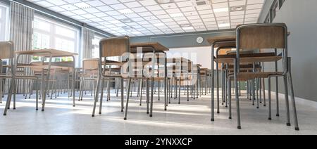 empty desks and chairs stand in a sunlit classroom 3d Stock Photo