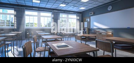 Empty classroom with wooden desks and sunlight streaming through large windows 3d Stock Photo
