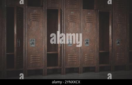 Empty rusty lockers in changing room showing aging and decay 3d Stock Photo